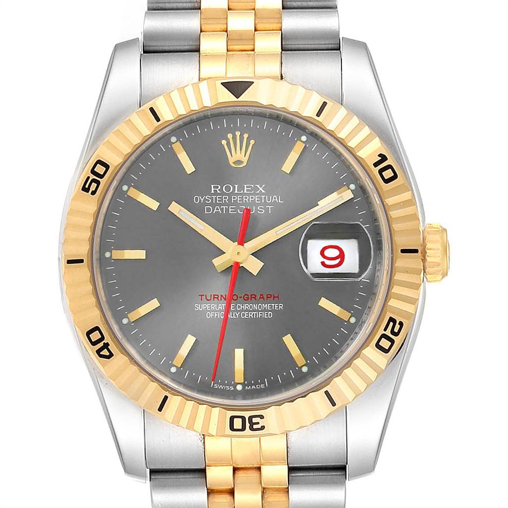The image shows a frontal view of a Rolex Turn-o-Graph 116263 Men
s Steel and Gold (two tone) Grey Dial 116263 Men
s Steel and Gold (two tone) Grey Dial watch, featuring its two-tone bracelet, grey face, and gold rotating bezel.