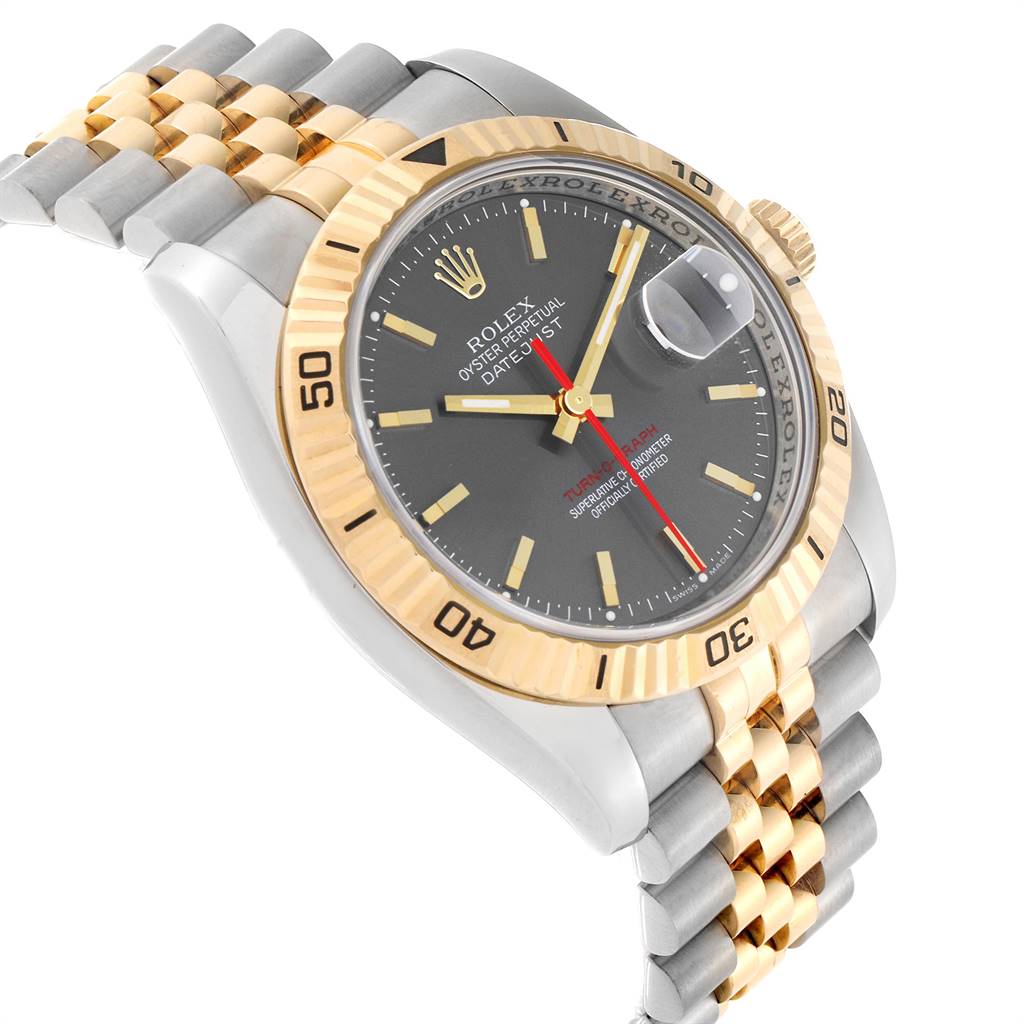 The Rolex Turn-o-Graph 116263 Men
s Steel and Gold (two tone) Grey Dial 116263 Men
s Steel and Gold (two tone) Grey Dial watch is shown at an angle with a prominent view of the face, bezel, and part of the bracelet.