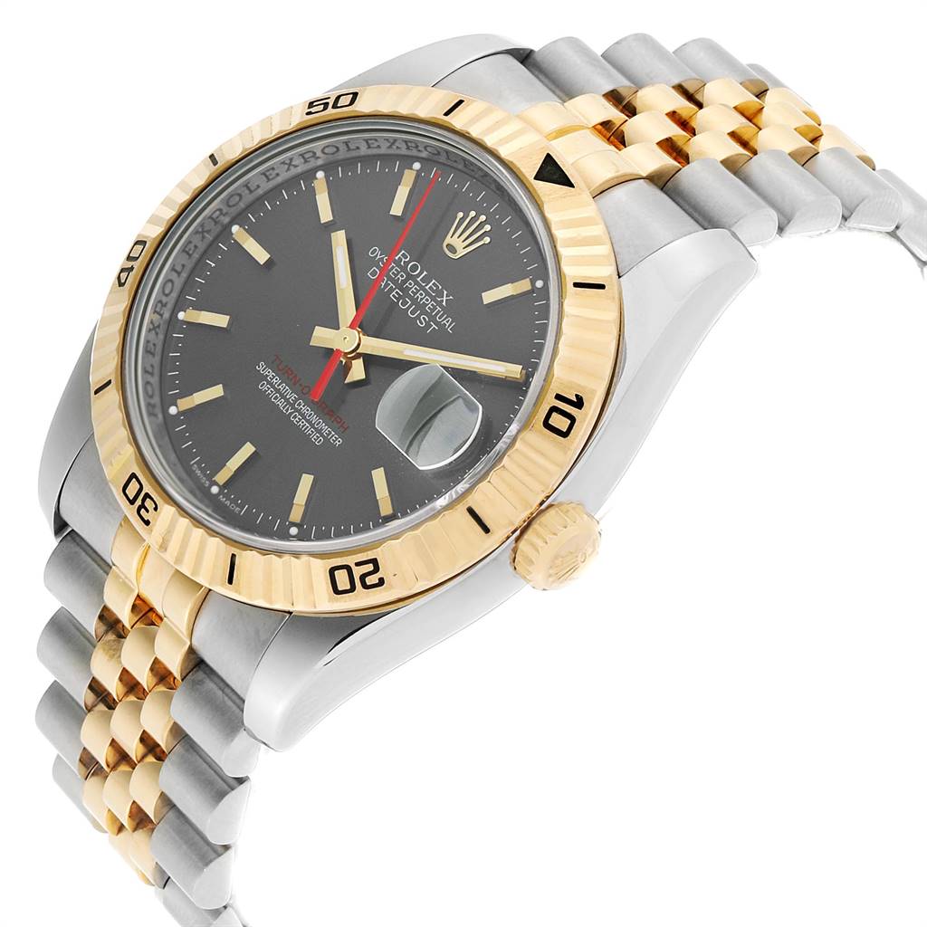 The image shows a Rolex Turn-o-Graph 116263 Men
s Steel and Gold (two tone) Grey Dial 116263 Men
s Steel and Gold (two tone) Grey Dial watch at an angle highlighting its dial, two-tone bracelete, bezel, and crown.