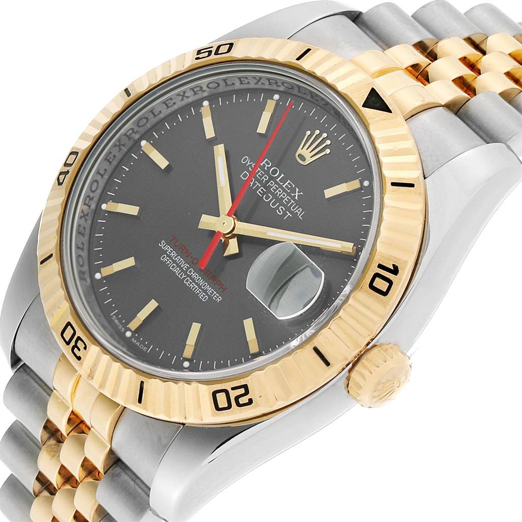 The image shows a Rolex Turn-o-Graph 116263 Men
s Steel and Gold (two tone) Grey Dial 116263 Men
s Steel and Gold (two tone) Grey Dial watch at a slight overhead angle, highlighting the bezel, dial, crown, and part of the bracelet.