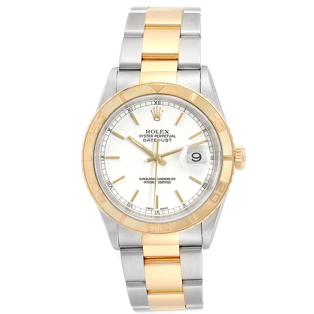 The image shows a front view of a Rolex Turn-o-Graph 16263 Men
s Steel and Gold (two tone) White Dial 16263 Men
s Steel and Gold (two tone) White Dial watch, displaying the face, bezel, and bracelet.