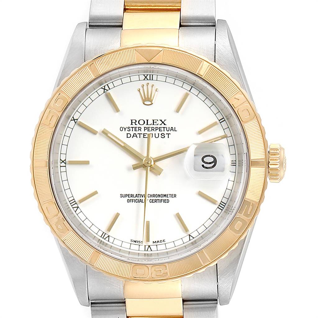 The image shows a front view of the Rolex Turn-o-Graph 16263 Men
s Steel and Gold (two tone) White Dial 16263 Men
s Steel and Gold (two tone) White Dial Datejust watch, displaying the dial, hands, date window, and bracelet.