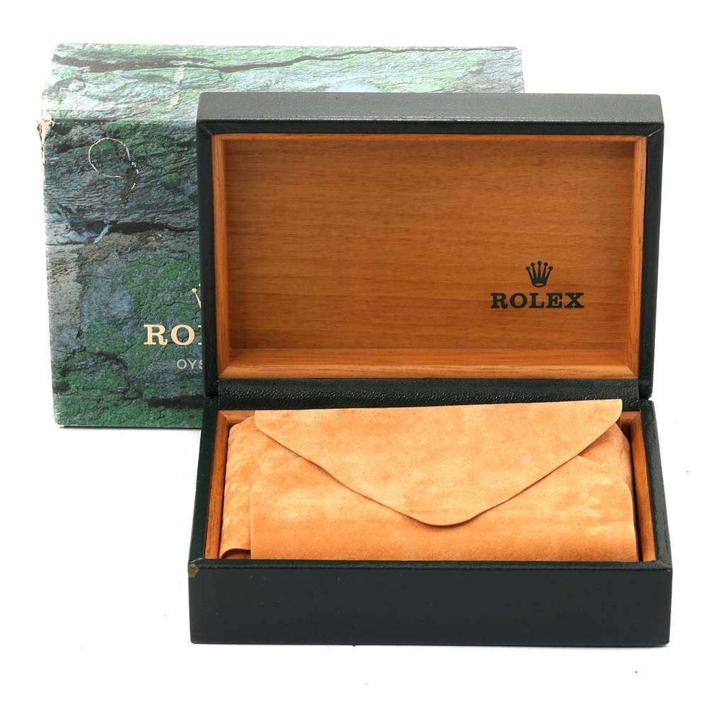 The image shows a Rolex Turn-o-Graph 16263 Men
s Steel and Gold (two tone) White Dial 16263 Men
s Steel and Gold (two tone) White Dial watch box, partially opened, with the pouch inside.