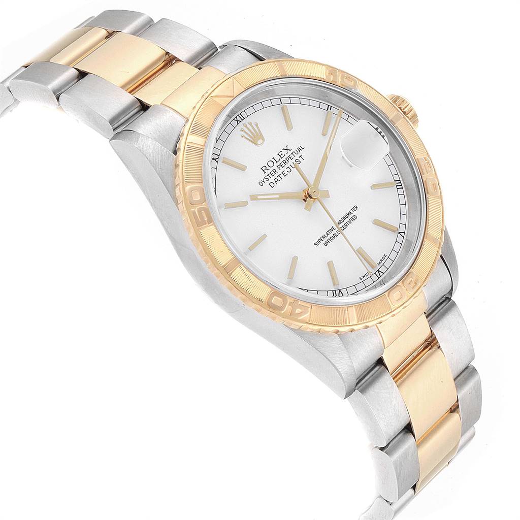 This image shows a Rolex Turn-o-Graph 16263 Men
s Steel and Gold (two tone) White Dial 16263 Men
s Steel and Gold (two tone) White Dial watch with a gold bezel, gold and silver bracelet, and a white dial at a slight side angle.