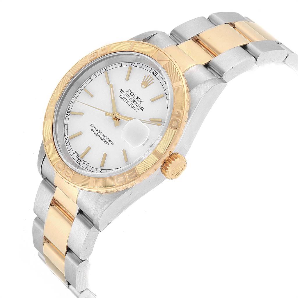 The Rolex Turn-o-Graph 16263 Men
s Steel and Gold (two tone) White Dial 16263 Men
s Steel and Gold (two tone) White Dial watch is shown at a slight angle, displaying the face, bezel, crown, and part of the bracelet.
