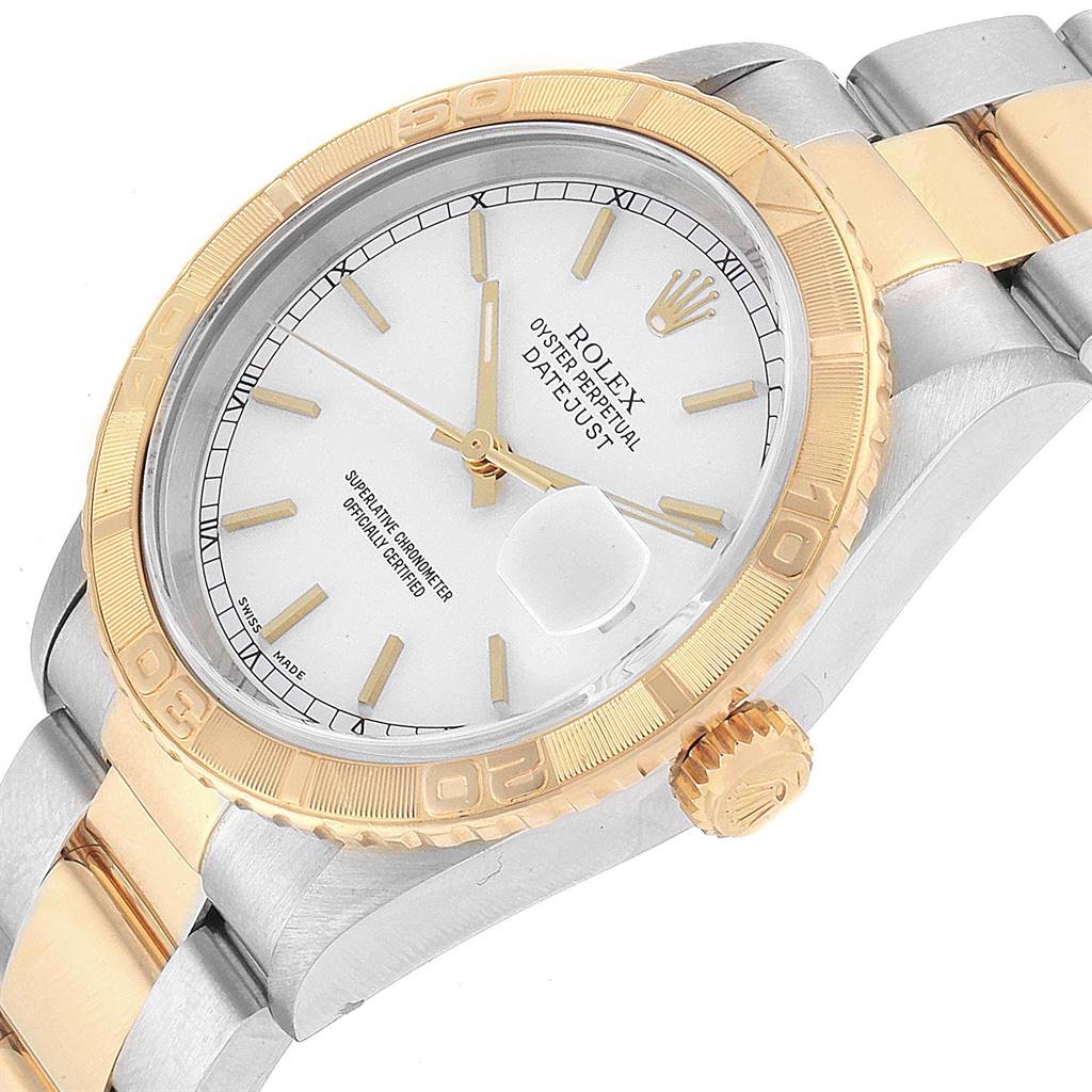 The image shows a close-up of a Rolex Turn-o-Graph 16263 Men
s Steel and Gold (two tone) White Dial 16263 Men
s Steel and Gold (two tone) White Dial watch, focusing on the dial, bezel, crown, and part of the band.