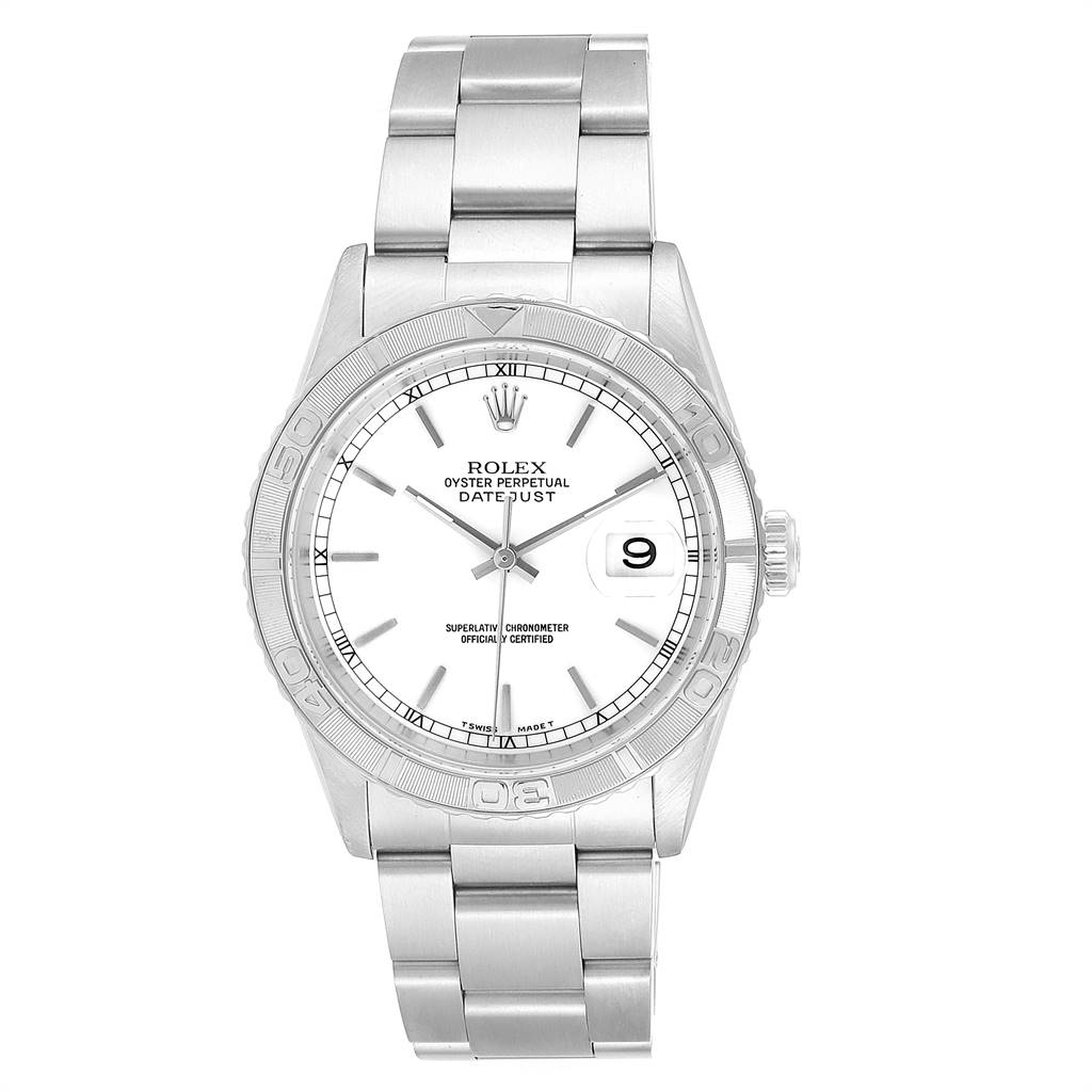 The image shows a front view of the Rolex Turn-o-Graph 16264 Men's Stainless Steel White Dial 16264 Men's Stainless Steel White Dial watch, featuring its face, bezel, and bracelet.