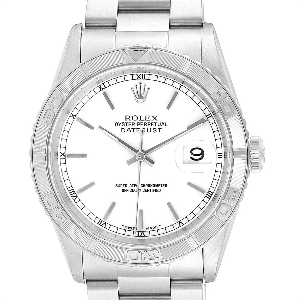 This image shows a front view of the Rolex Turn-o-Graph 16264 Men's Stainless Steel White Dial 16264 Men's Stainless Steel White Dial Datejust watch, displaying the face, bezel, and part of the bracelet.