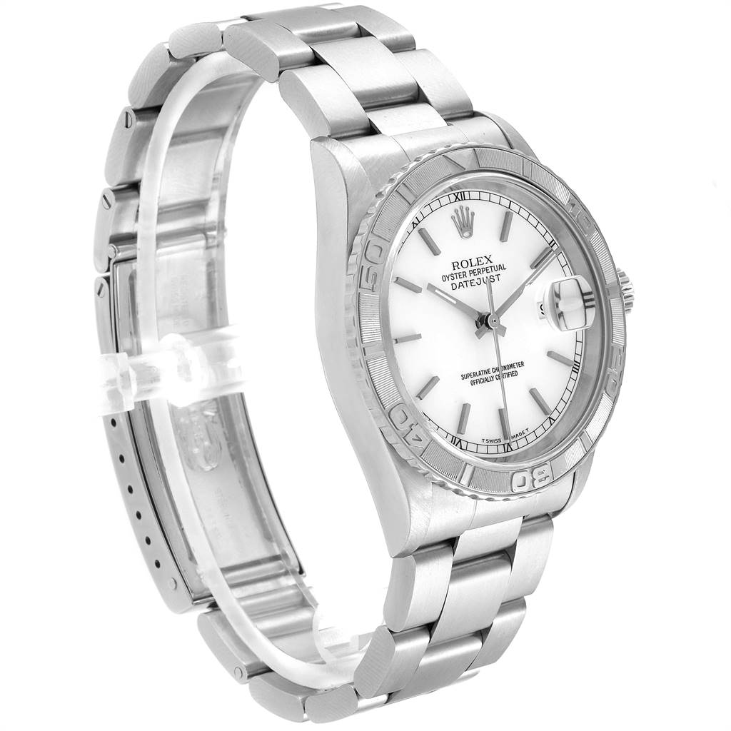 This image of the Rolex Turn-o-Graph 16264 Men's Stainless Steel White Dial 16264 Men's Stainless Steel White Dial model shows the watch from a side angle with the bracelet and clasp clearly visible.