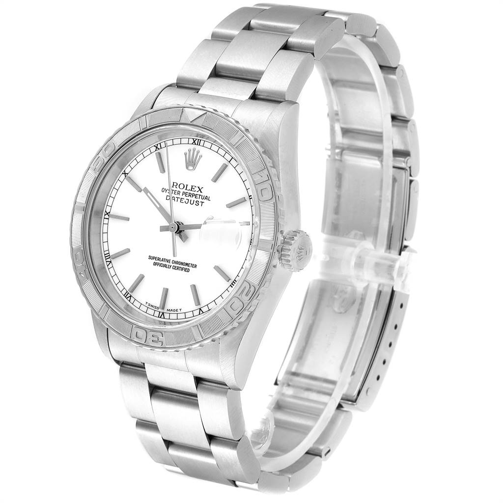 The Rolex Turn-o-Graph 16264 Men's Stainless Steel White Dial 16264 Men's Stainless Steel White Dial model is shown at a three-quarter angle, highlighting the bracelet, bezel, and dial.