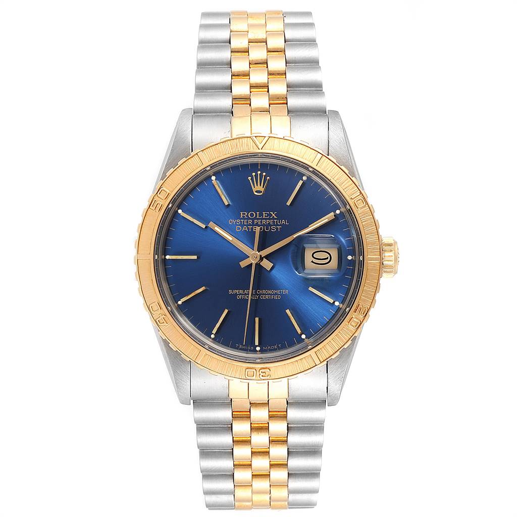 This image shows a Rolex Turn-o-Graph 16253 Men
s Steel and Gold (two tone) Blue Dial 16253 Men
s Steel and Gold (two tone) Blue Dial watch from the front, featuring its dial, bezel, and partially visible bracelet.