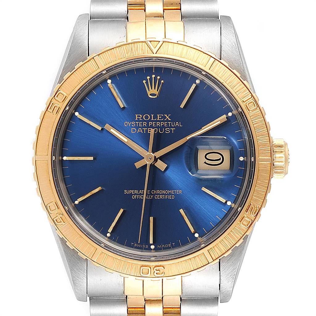 This is a front view of a Rolex Turn-o-Graph 16253 Men
s Steel and Gold (two tone) Blue Dial 16253 Men
s Steel and Gold (two tone) Blue Dial watch, showing the blue dial, gold bezel, and two-tone bracelet.