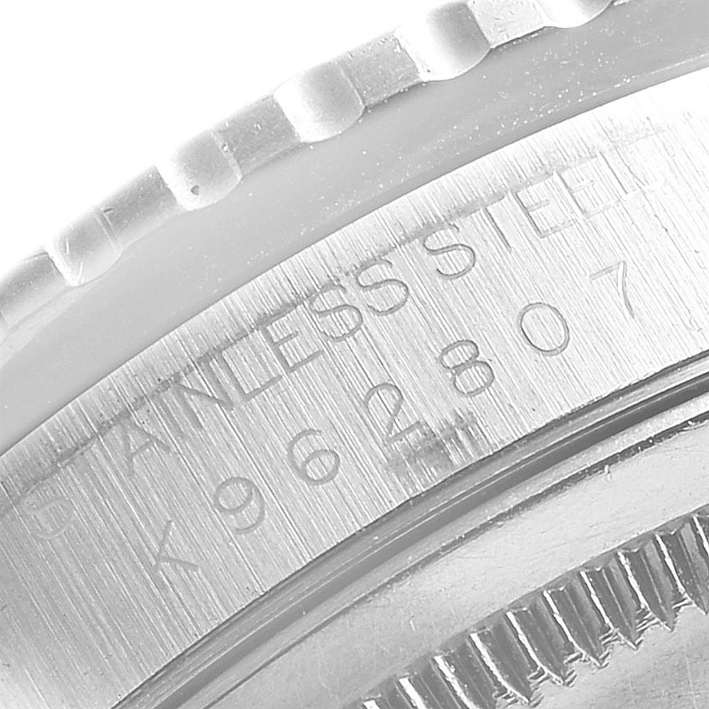 This close-up image shows the stainless steel case back with engravings of the Rolex Turn-o-Graph 16264 Men
s Stainless Steel Pink Dial 16264 Men
s Stainless Steel Pink Dial model.