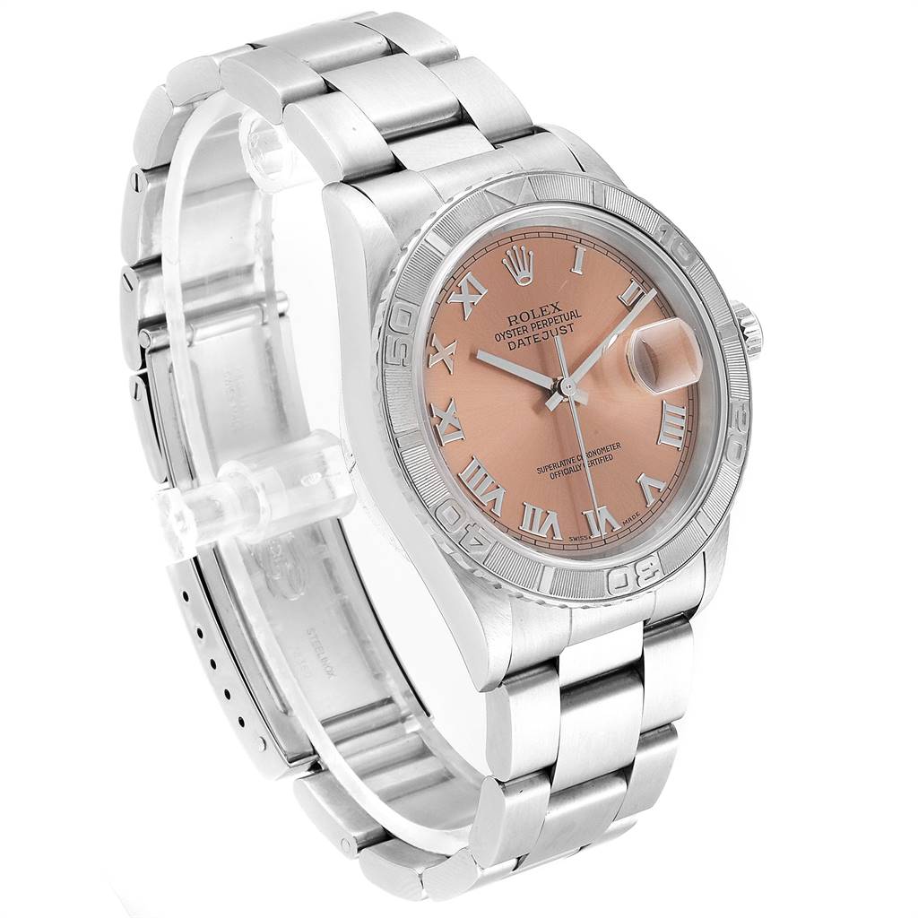 The image shows a Rolex Turn-o-Graph 16264 Men
s Stainless Steel Pink Dial 16264 Men
s Stainless Steel Pink Dial model watch with a salmon dial, viewed from a slight angle, displaying the case, bezel, dial, and bracelet.