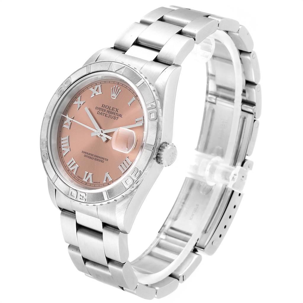 This image shows a side angle view of a Rolex Turn-o-Graph 16264 Men
s Stainless Steel Pink Dial 16264 Men
s Stainless Steel Pink Dial watch, displaying its face, bezel, crown, and bracelet.