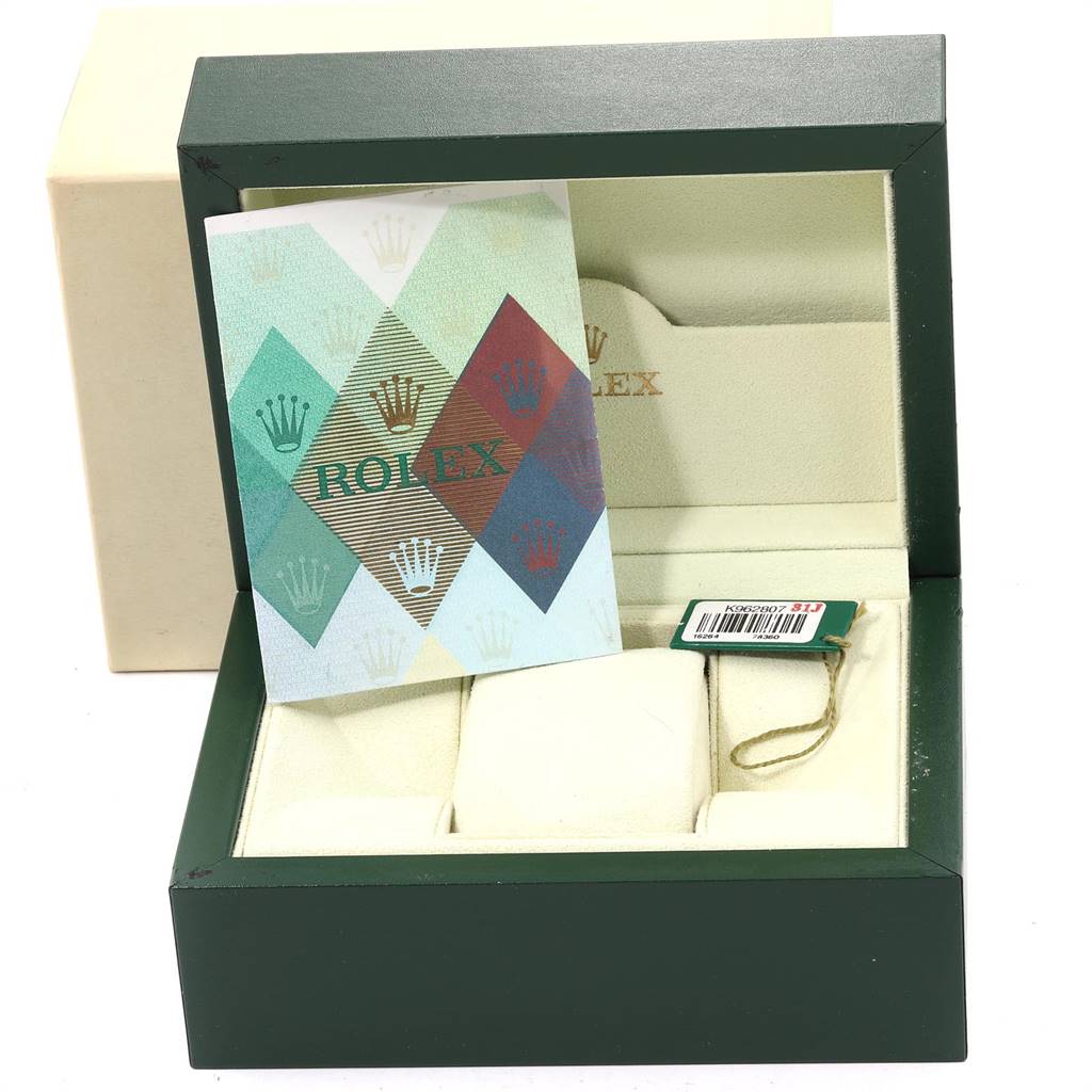 The image shows an open Rolex Turn-o-Graph 16264 Men
s Stainless Steel Pink Dial 16264 Men
s Stainless Steel Pink Dial watch box with a booklet and tag inside.