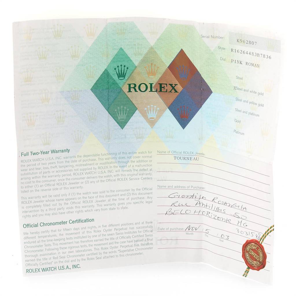 The image shows a warranty and certification document for a Rolex Turn-o-Graph 16264 Men
s Stainless Steel Pink Dial 16264 Men
s Stainless Steel Pink Dial watch.