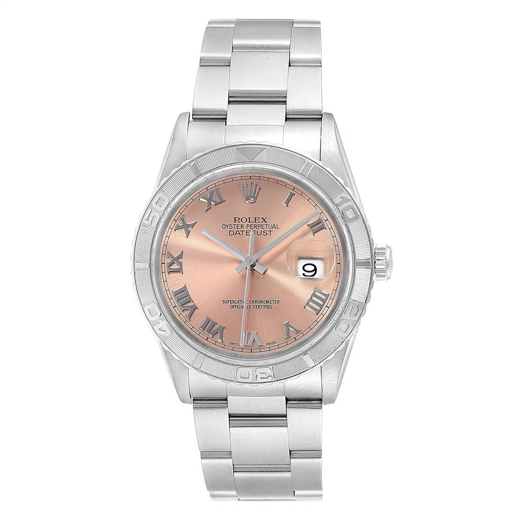 The image shows a Rolex Turn-o-Graph 16264 Men
s Stainless Steel Pink Dial 16264 Men
s Stainless Steel Pink Dial watch with a rose gold dial, stainless steel case, and bracelet, viewed from the front.