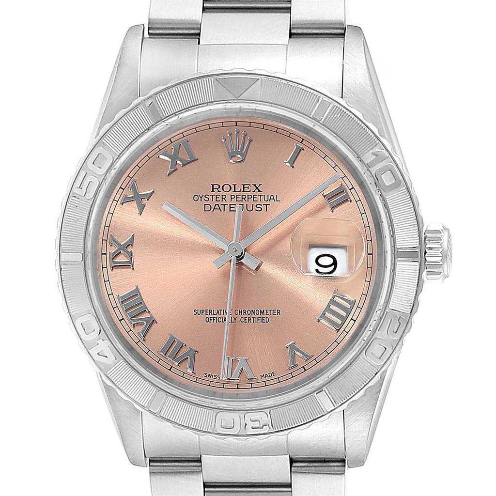 The image shows a front view of the Rolex Turn-o-Graph 16264 Men
s Stainless Steel Pink Dial 16264 Men
s Stainless Steel Pink Dial watch displaying the dial, bezel, crown, and part of the bracelet.