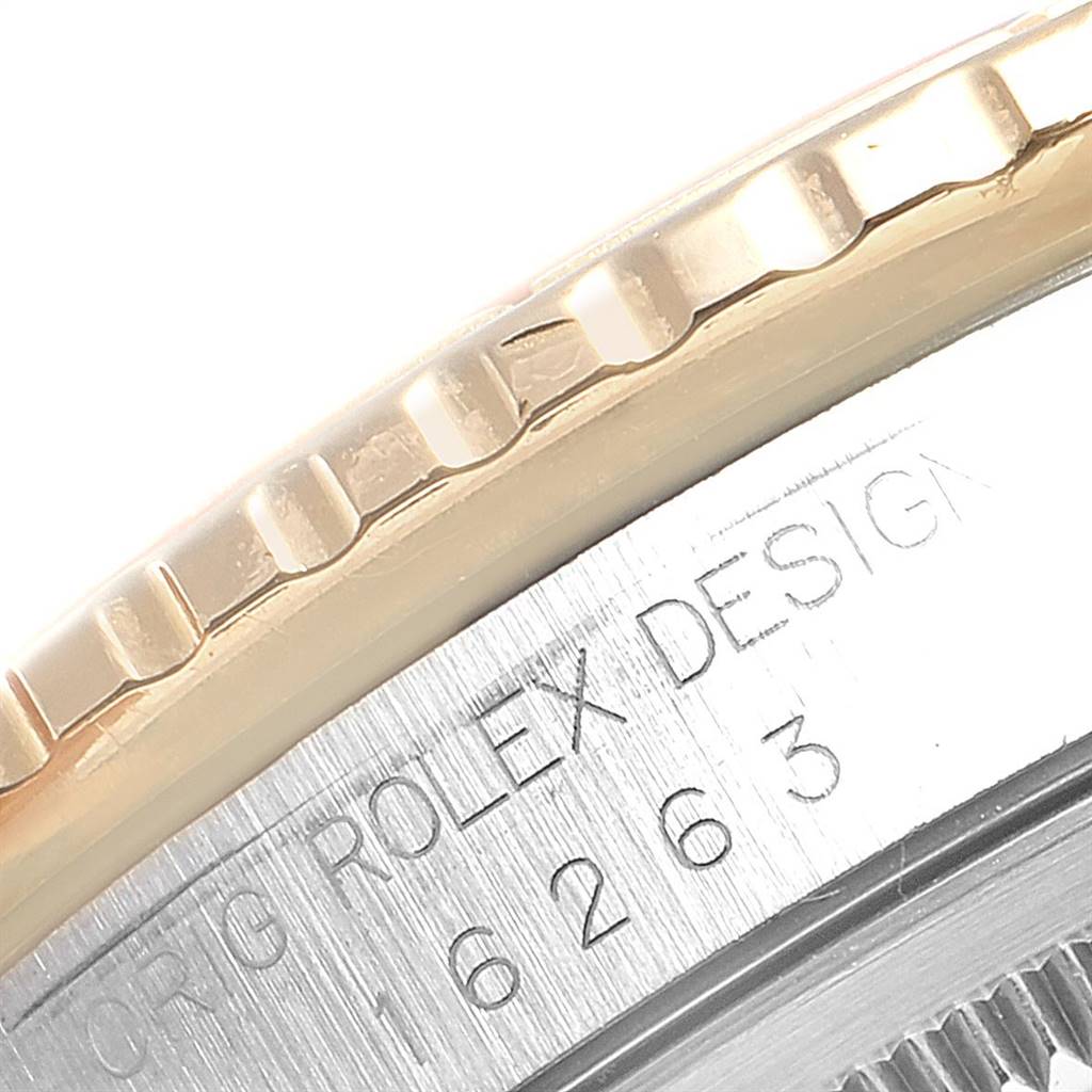 The image shows a close-up of the bezel and part of the case of a Rolex Turn-o-Graph 16263 Men's Steel and Gold (two tone) White Dial 16263 Men's Steel and Gold (two tone) White Dial, highlighting the engraved model number 16263.