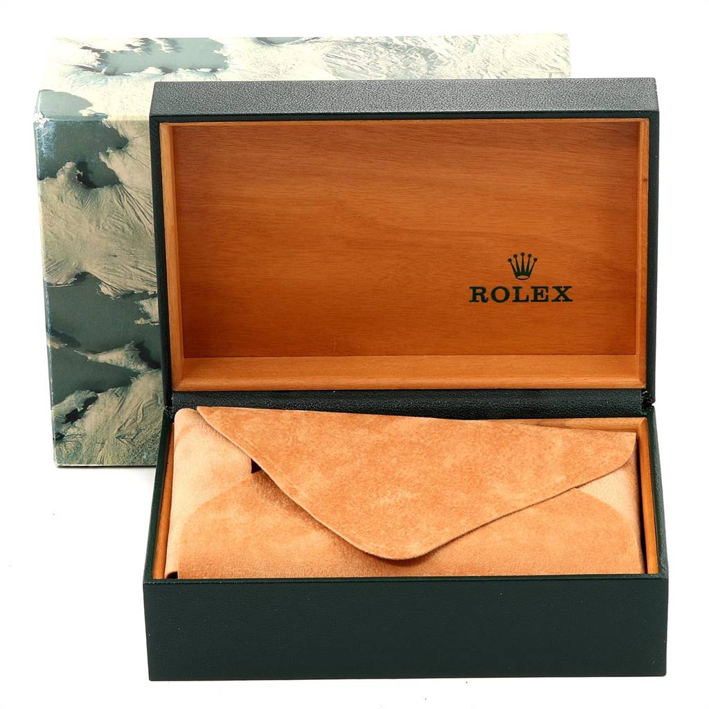 This image shows an open Rolex box with a suede pouch inside, but not the Turn-o-Graph watch itself.