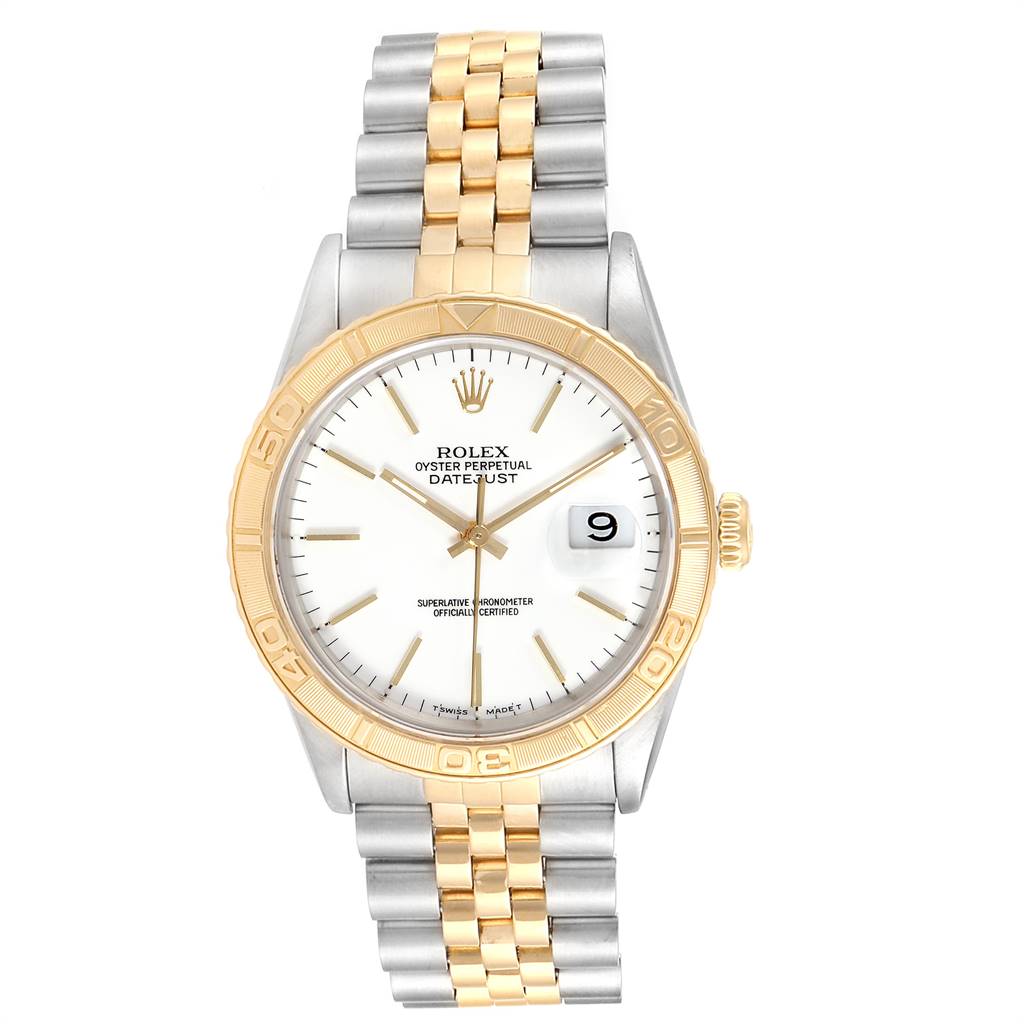The image shows a front view of a Rolex Turn-o-Graph 16263 Men's Steel and Gold (two tone) White Dial 16263 Men's Steel and Gold (two tone) White Dial watch, displaying its two-tone bracelet, dial, and fluted bezel.