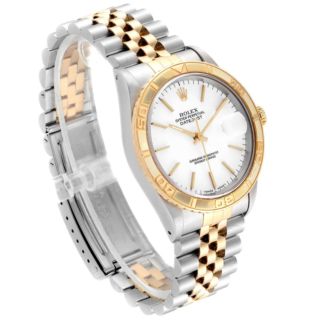 The image shows a Rolex Turn-o-Graph 16263 Men's Steel and Gold (two tone) White Dial 16263 Men's Steel and Gold (two tone) White Dial watch at an angle highlighting the face, bezel, crown, and two-tone bracelet.