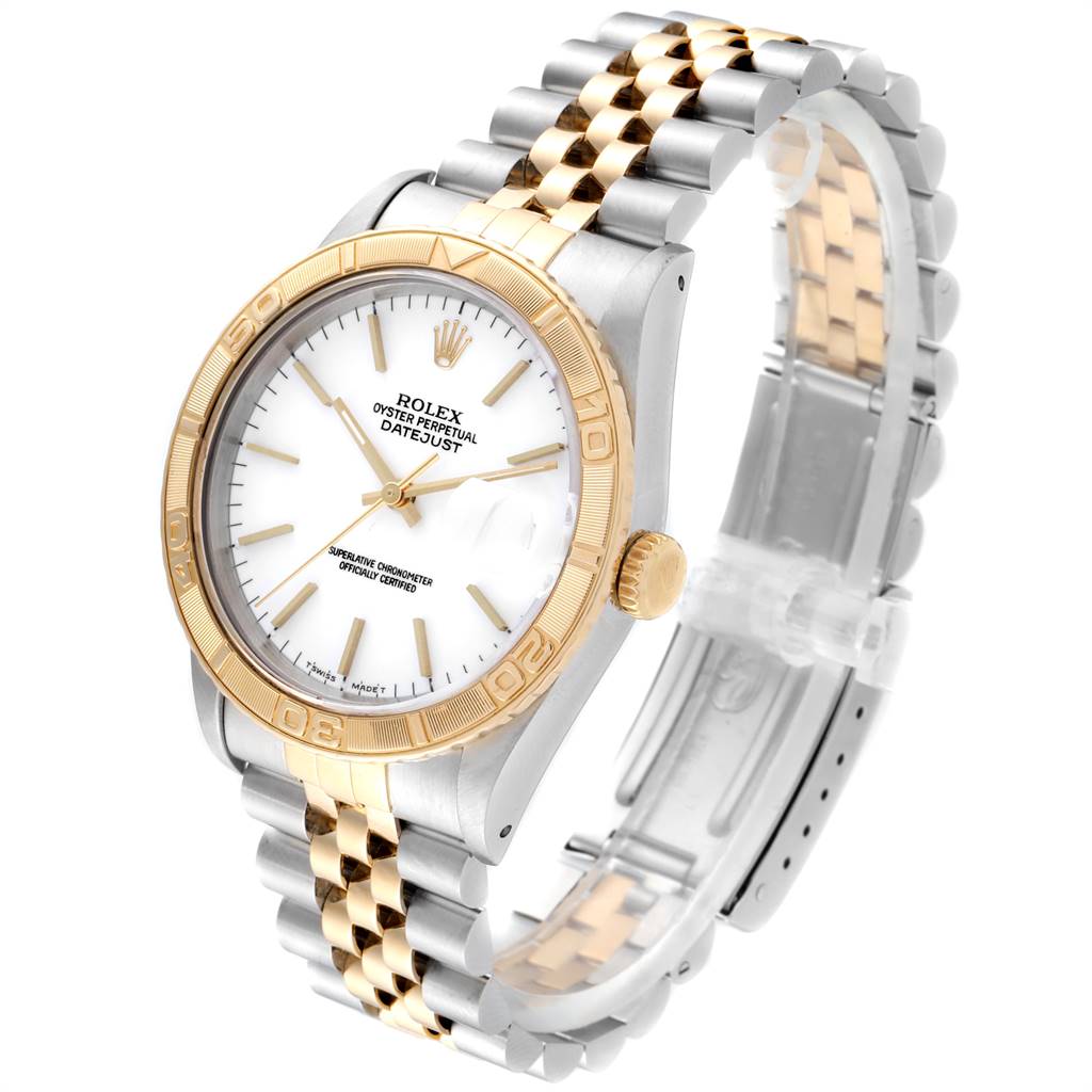 The image shows a side angle of a Rolex Turn-o-Graph 16263 Men's Steel and Gold (two tone) White Dial 16263 Men's Steel and Gold (two tone) White Dial watch, highlighting the gold bezel, white dial, and two-tone bracelet.