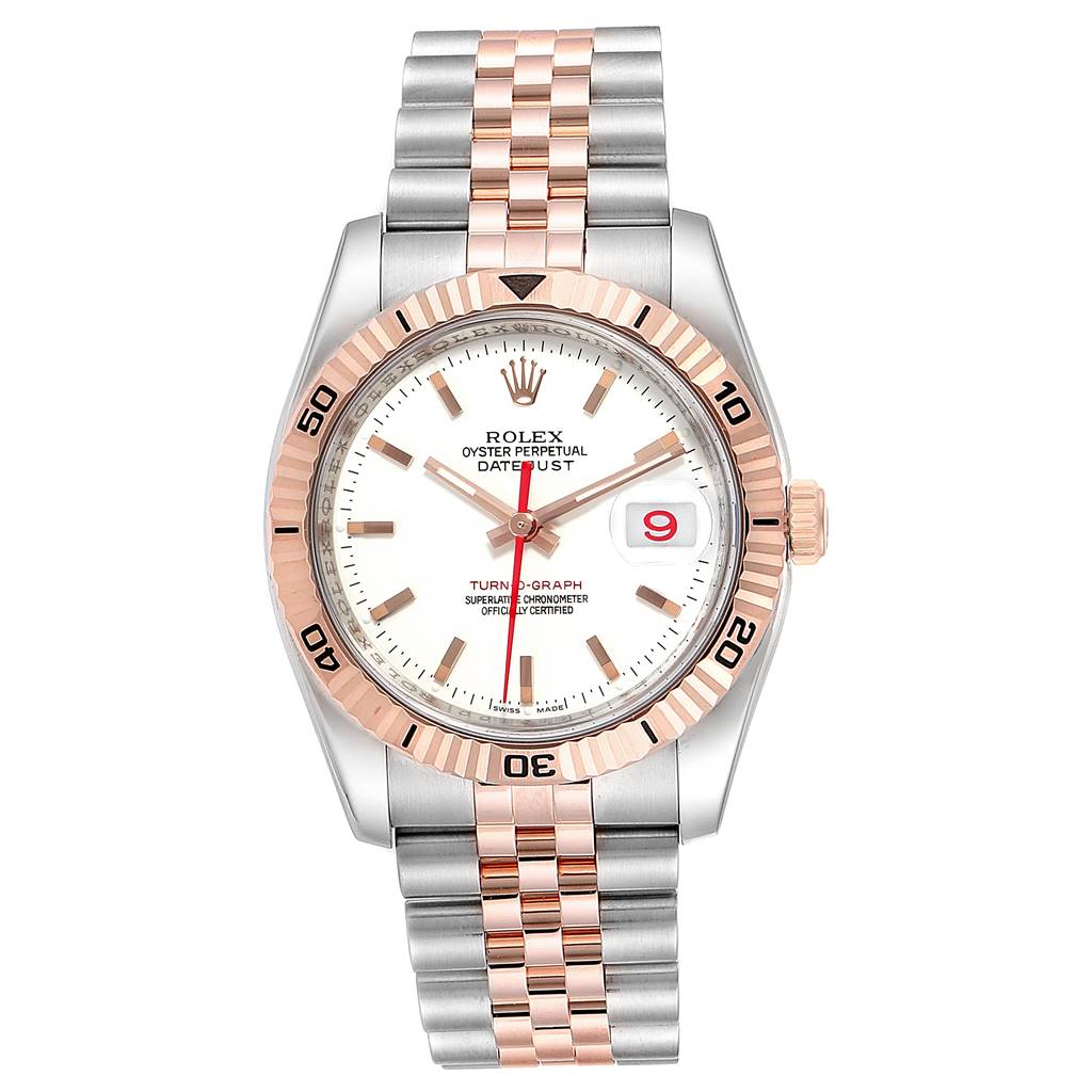The Rolex Turn-o-Graph 116261 Men's Stainless Steel White Dial 116261 Men's Stainless Steel White Dial watch is shown from the front, displaying the dial, bezel, and two-tone bracelet.