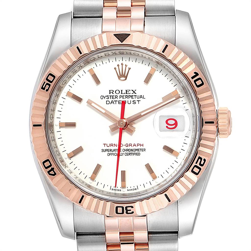 The image shows a front view of the Rolex Turn-o-Graph 116261 Men's Stainless Steel White Dial 116261 Men's Stainless Steel White Dial watch, highlighting its dial, bezel, and part of the bracelet.