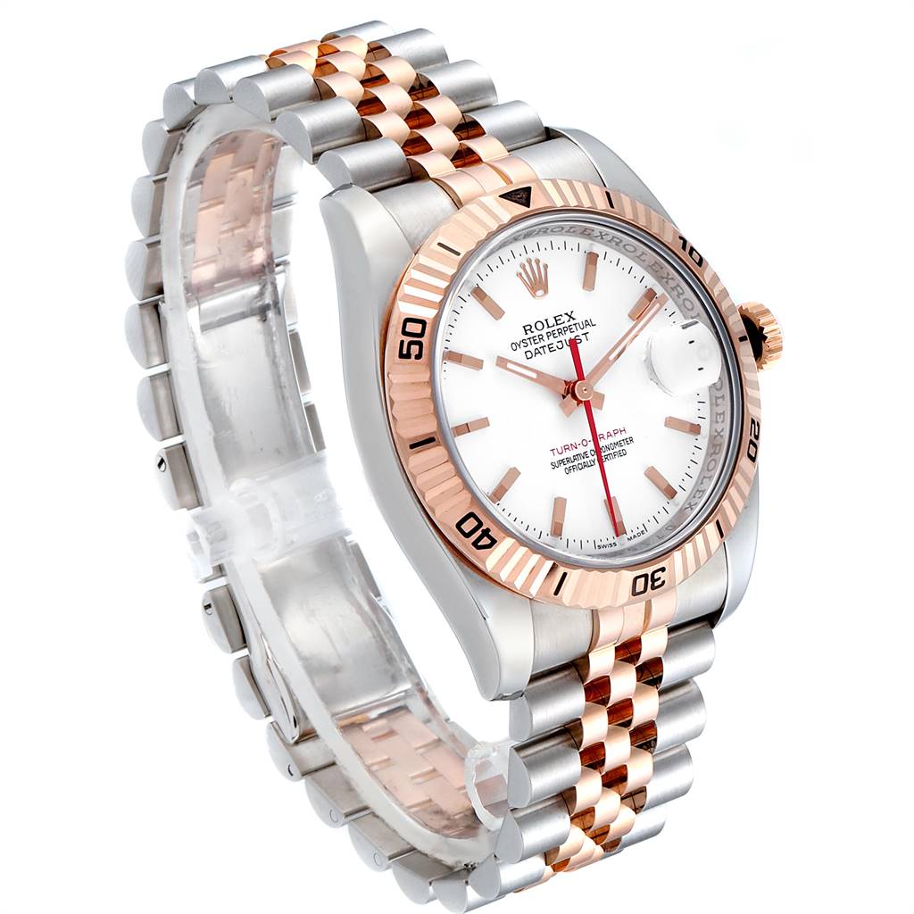 This image shows a Rolex Turn-o-Graph 116261 Men's Stainless Steel White Dial 116261 Men's Stainless Steel White Dial watch angled to display the dial, bezel, and bracelet.