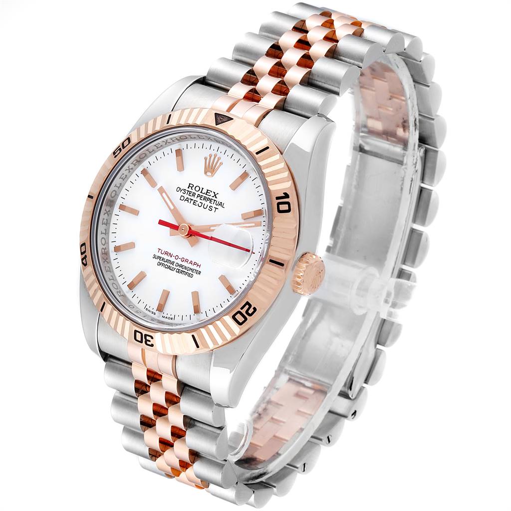The image shows a Rolex Turn-o-Graph 116261 Men's Stainless Steel White Dial 116261 Men's Stainless Steel White Dial model watch at a three-quarter angle, highlighting the face, bezel, crown, and bracelet.