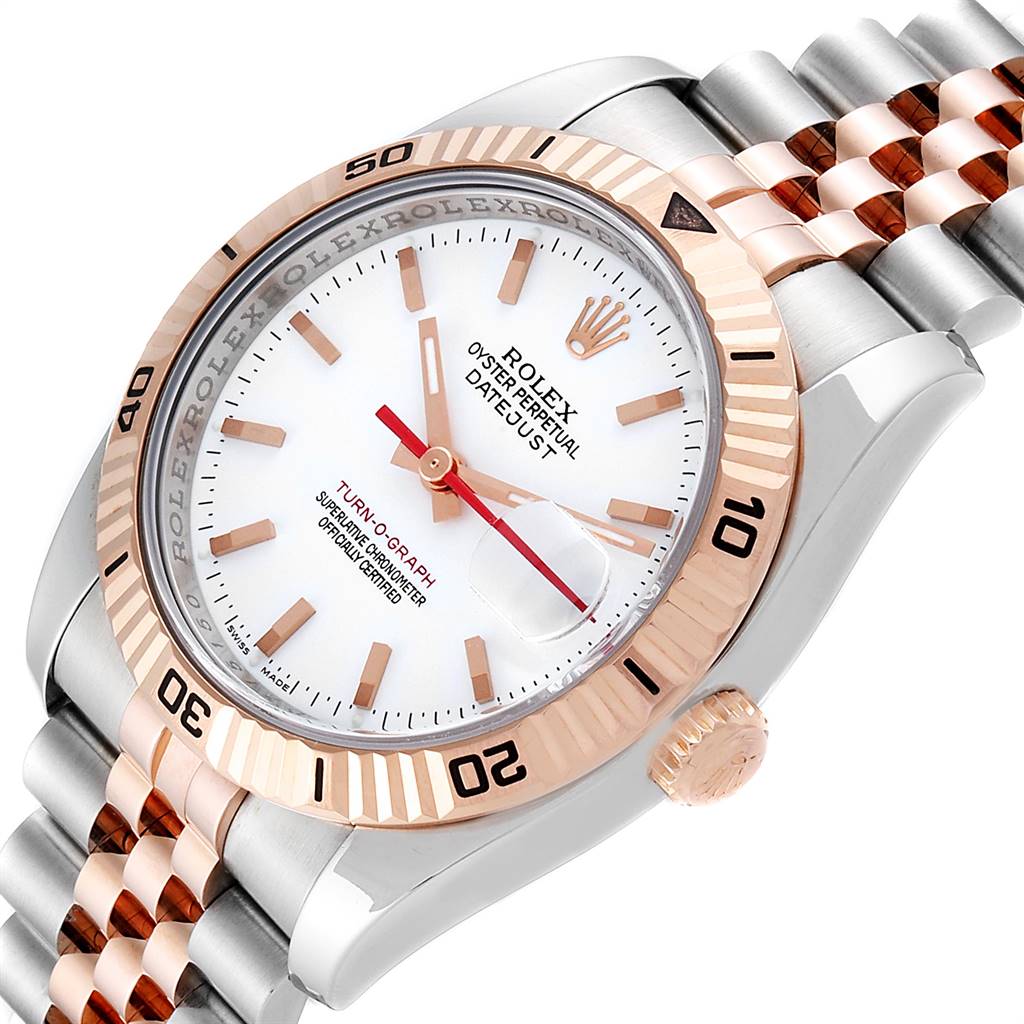 This image shows a close-up of a Rolex Turn-o-Graph 116261 Men's Stainless Steel White Dial 116261 Men's Stainless Steel White Dial watch, highlighting the face, bezel, crown, and part of the bracelet.