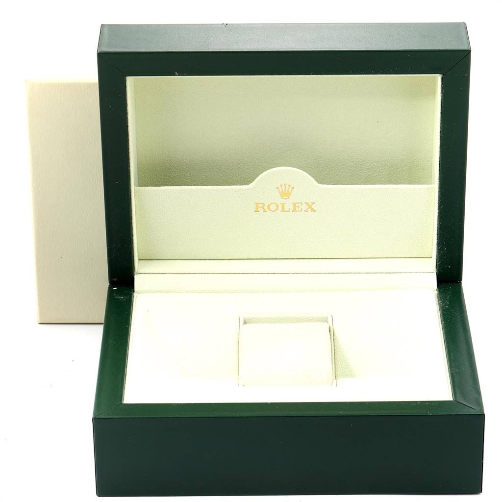 The image displays an open Rolex watch box for the Turn-o-Graph model, showing the interior and cushion for the watch.