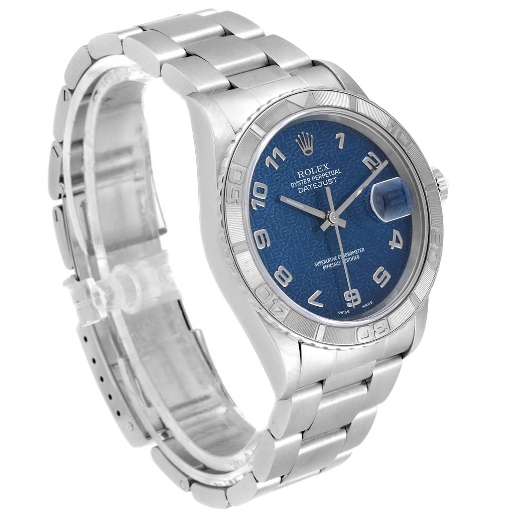 The image shows a Rolex Turn-o-Graph 16264 Men
s Stainless Steel Blue Dial 16264 Men
s Stainless Steel Blue Dial watch from a left three-quarter angle, highlighting the blue dial, bracelet, and bezel.