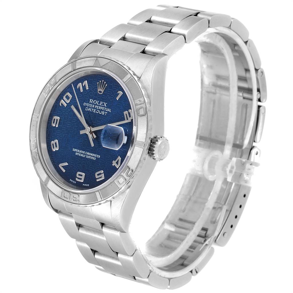 The Rolex Turn-o-Graph 16264 Men
s Stainless Steel Blue Dial 16264 Men
s Stainless Steel Blue Dial watch is shown at a slight angle, displaying the face, bezel, and part of the bracelet.