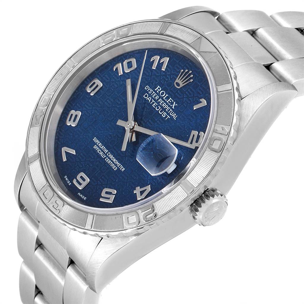 The image shows a Rolex Turn-o-Graph 16264 Men
s Stainless Steel Blue Dial 16264 Men
s Stainless Steel Blue Dial watch viewed from a slight angle, showcasing the dial, bezel, crown, and part of the bracelet.