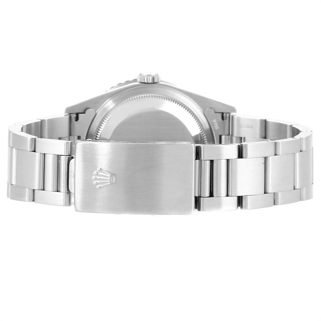 The image shows the rear view of a Rolex Turn-o-Graph 16264 Men
s Stainless Steel Blue Dial 16264 Men
s Stainless Steel Blue Dial watch, focusing on its stainless steel bracelet and clasp.