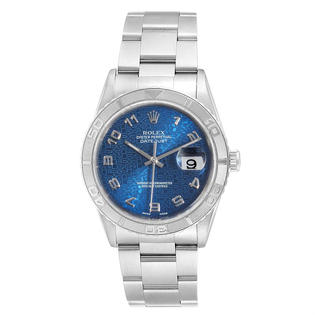 The Rolex Turn-o-Graph 16264 Men
s Stainless Steel Blue Dial 16264 Men
s Stainless Steel Blue Dial model watch is shown from the front, displaying its dial, bezel, and bracelet.