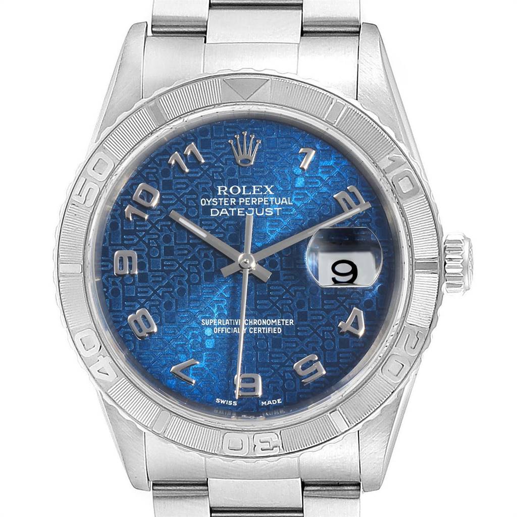 This image shows a front view of a Rolex Turn-o-Graph 16264 Men
s Stainless Steel Blue Dial 16264 Men
s Stainless Steel Blue Dial watch, highlighting the blue dial, date window, bezel, and part of the bracelet.