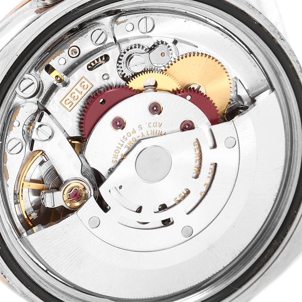 The image shows the internal mechanical movement of a Rolex Turn-o-Graph 116261 Men's Steel and Gold (two tone) Black Dial 116261 Men's Steel and Gold (two tone) Black Dial watch from a rear angle.