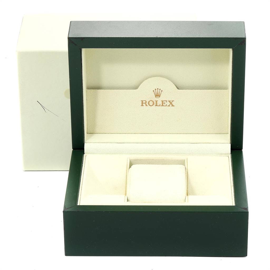 This image shows an open green and beige Rolex watch box for the Turn-o-Graph model, photographed from the front.