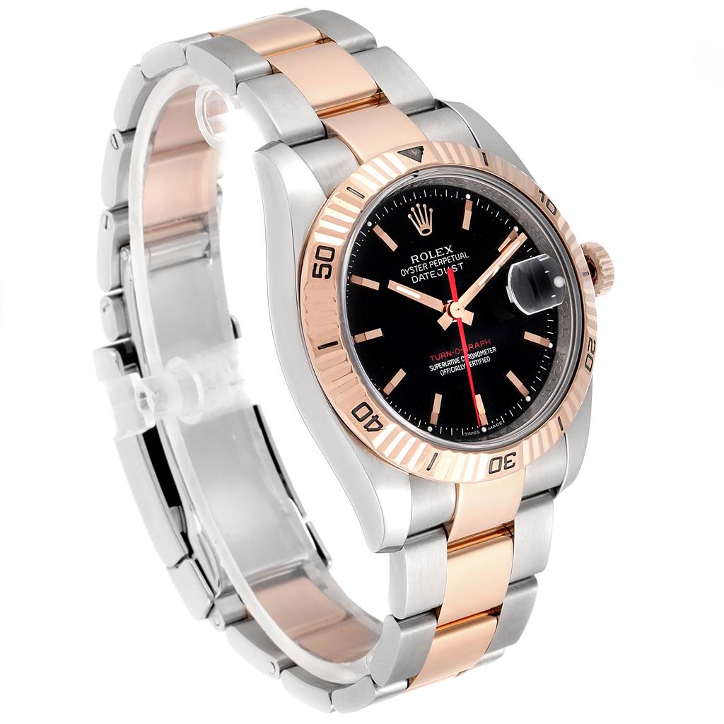 The image shows a Rolex Turn-o-Graph 116261 Men's Steel and Gold (two tone) Black Dial 116261 Men's Steel and Gold (two tone) Black Dial watch at a slight angle, revealing the dial, bezel, and two-tone bracelet.