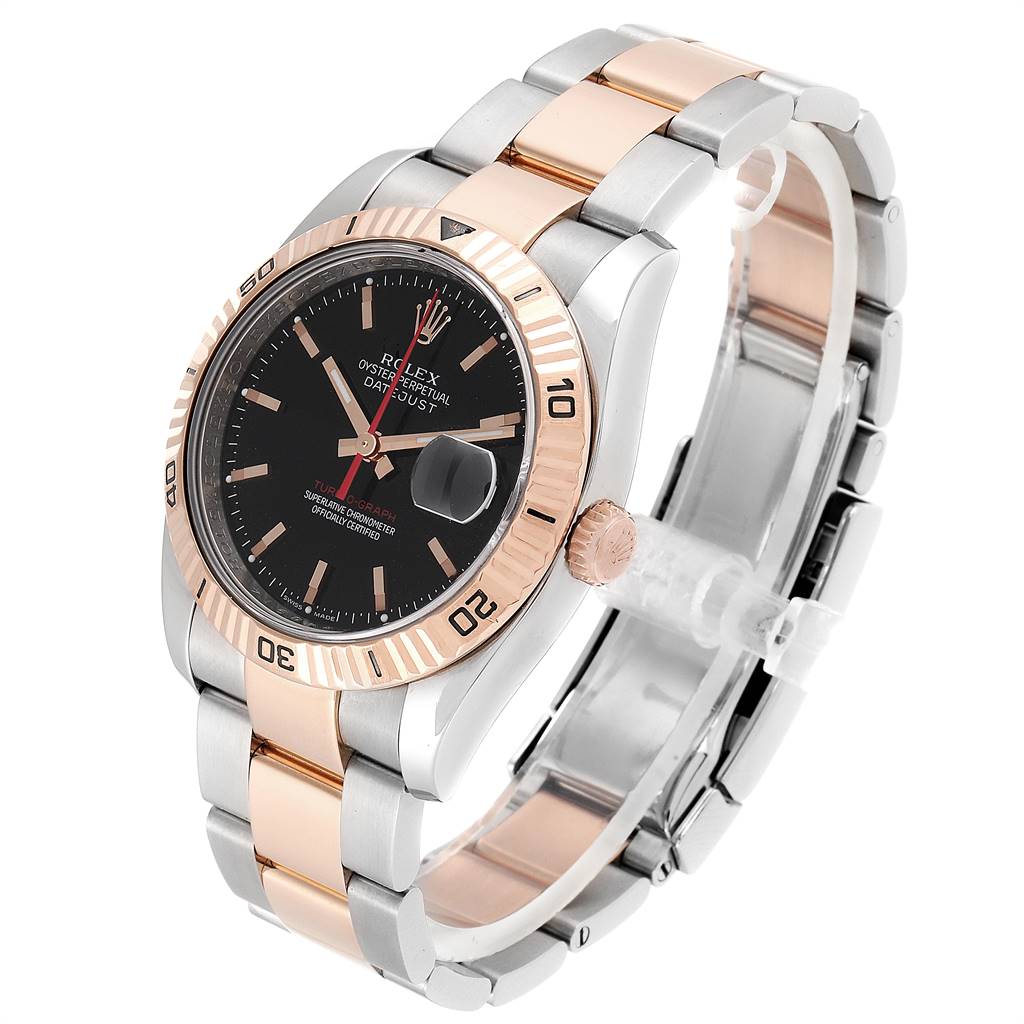 This image shows a Rolex Turn-o-Graph 116261 Men's Steel and Gold (two tone) Black Dial 116261 Men's Steel and Gold (two tone) Black Dial watch at a three-quarter angle, highlighting its bezel, dial, and bracelet.