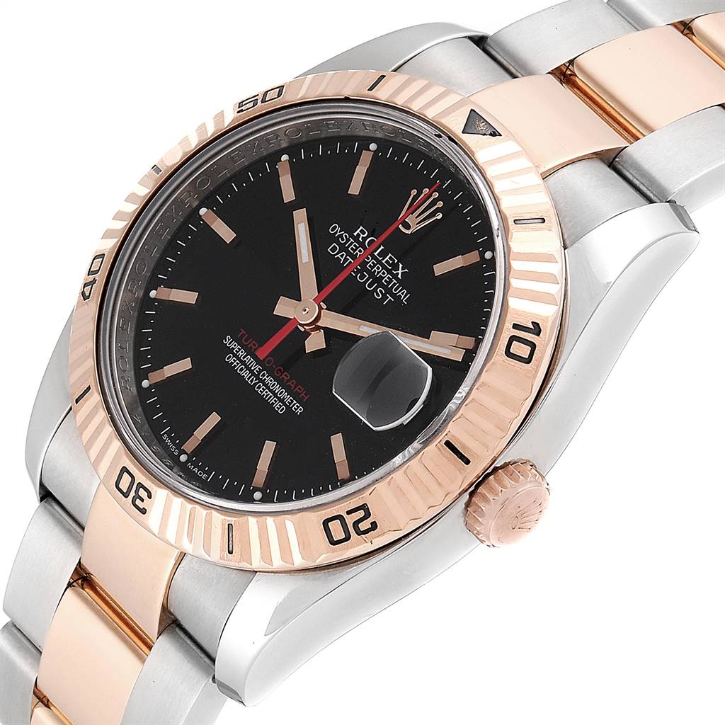 The image shows a Rolex Turn-o-Graph 116261 Men's Steel and Gold (two tone) Black Dial 116261 Men's Steel and Gold (two tone) Black Dial watch with a close-up angle, highlighting the dial, bezel, crown, and part of the bracelet.