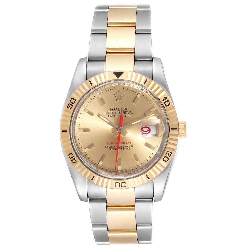 This image shows a Rolex Turn-o-Graph 116263 Men
s Steel and Gold (two tone) Champagne Dial 116263 Men
s Steel and Gold (two tone) Champagne Dial watch from a top-down angle, displaying the face, bezel, and bracelet.