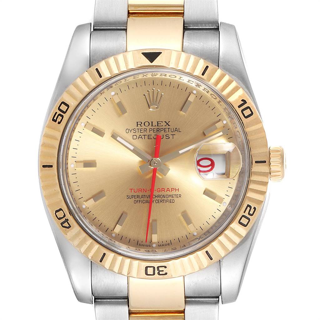 The image shows a front view of the Rolex Turn-o-Graph 116263 Men
s Steel and Gold (two tone) Champagne Dial 116263 Men
s Steel and Gold (two tone) Champagne Dial watch, highlighting the dial, hands, bezel, and part of the bracelet.