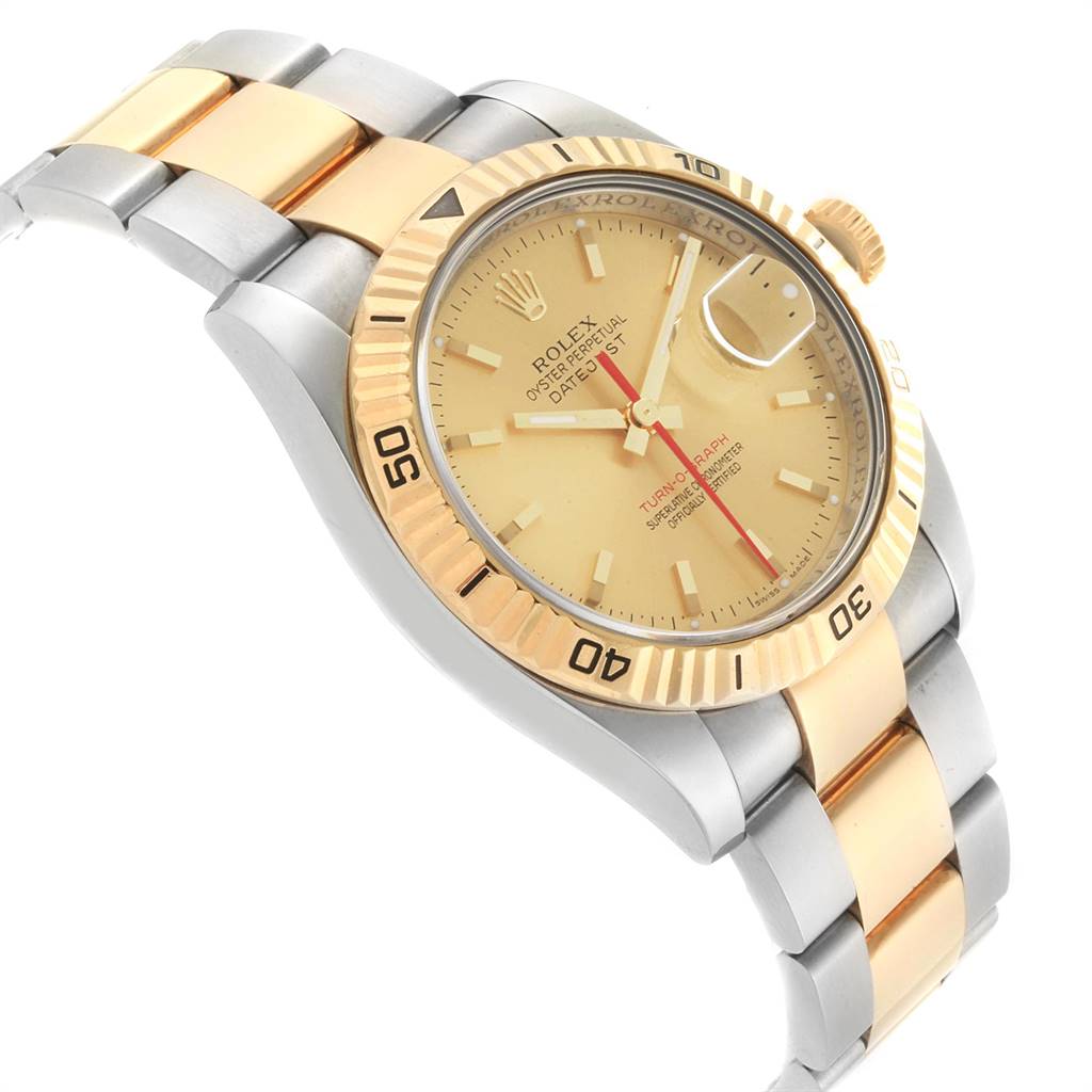 The image shows a Rolex Turn-o-Graph 116263 Men
s Steel and Gold (two tone) Champagne Dial 116263 Men
s Steel and Gold (two tone) Champagne Dial watch at an angle highlighting the face, bezel, and bracelet.