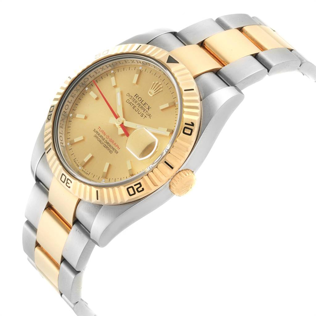 This Rolex Turn-o-Graph 116263 Men
s Steel and Gold (two tone) Champagne Dial 116263 Men
s Steel and Gold (two tone) Champagne Dial watch is shown at a tilted side angle, highlighting the gold bezel, dial, and bicolor bracelet.