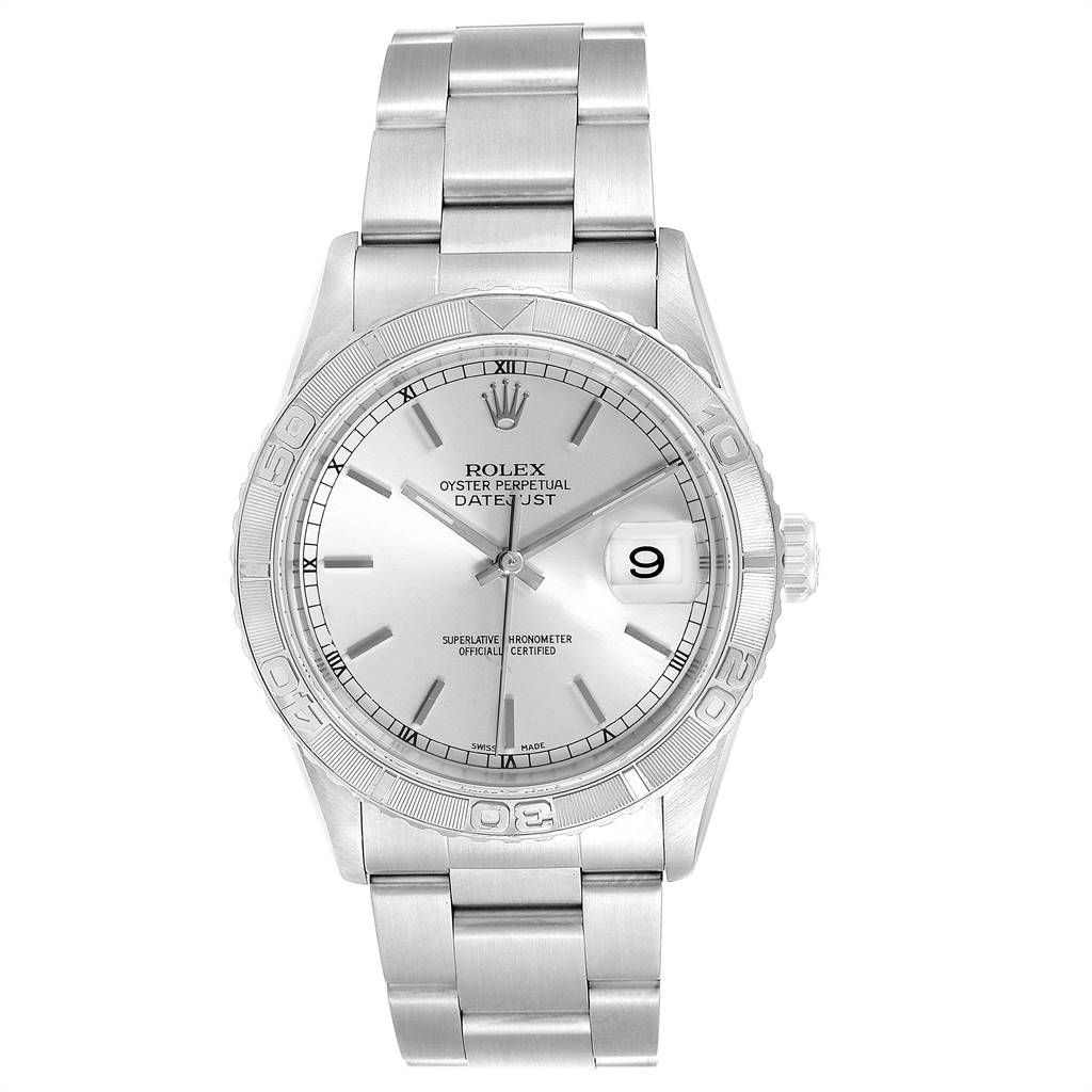 The image shows a front view of a Rolex Turn-o-Graph 16264 Men
s Stainless Steel Silver Dial 16264 Men
s Stainless Steel Silver Dial model watch, highlighting its dial, bezel, and bracelet.